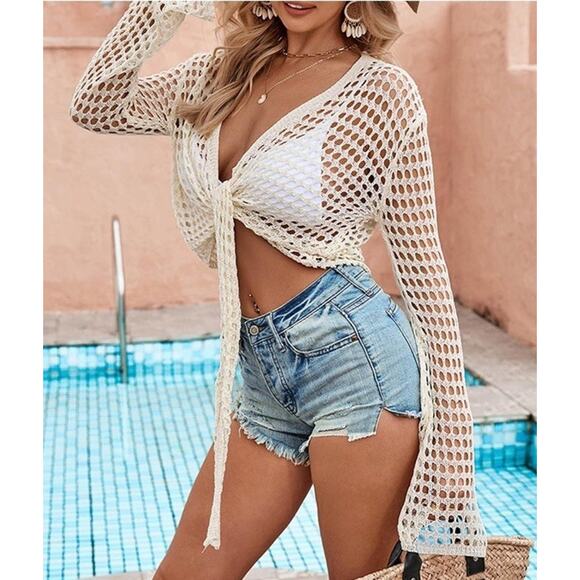 Women’s Crochet Knit Tie Front Sheer Cardigan Long Sleeve Crop Top Cover Up L - Picture 2 of 7